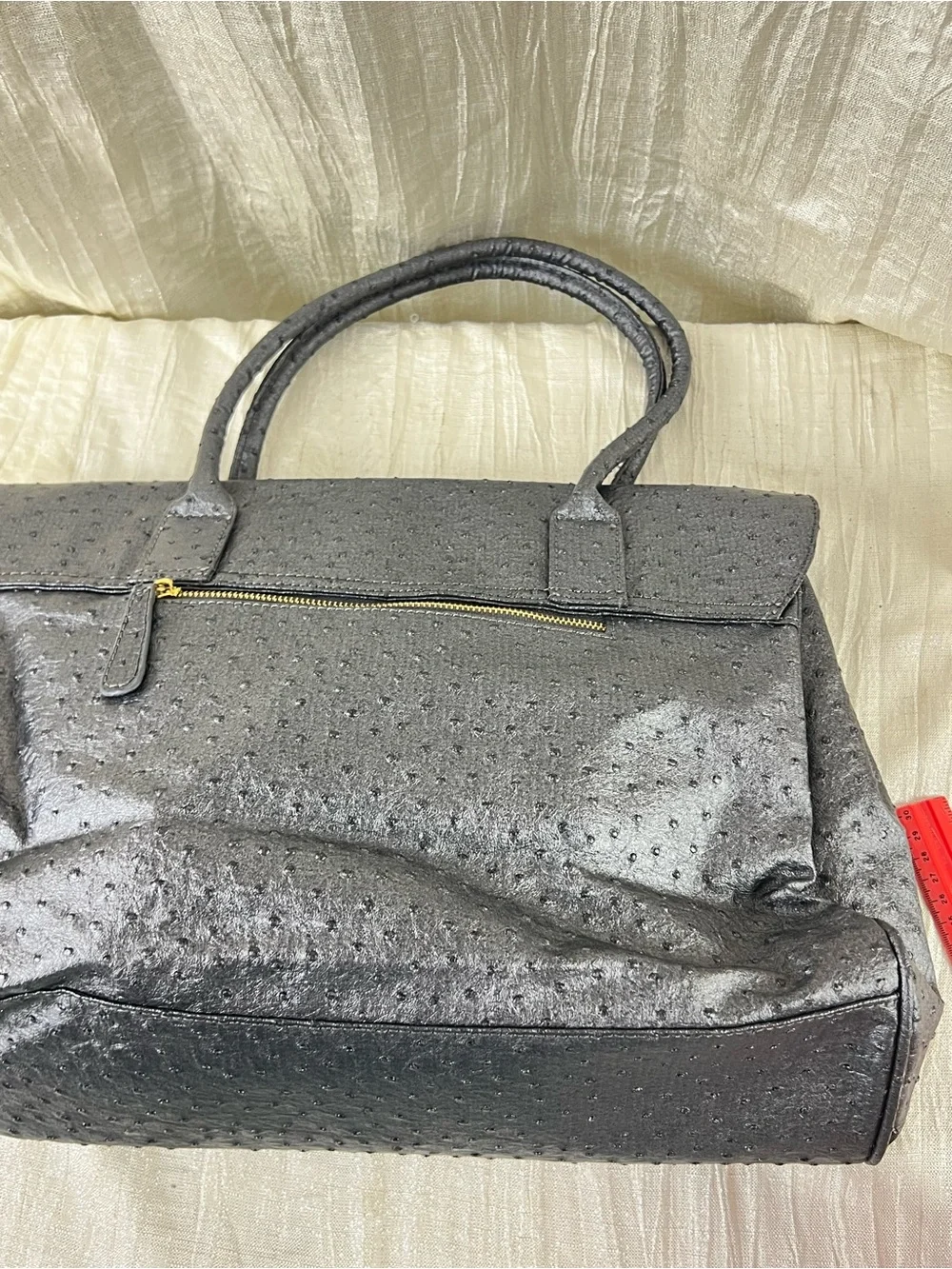 ULE Black Ostrich Embossed Vegan Leather Satchel Turn Lock Top Handle Bag